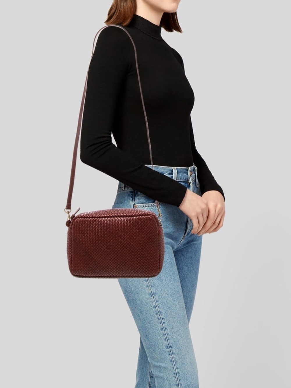 Clare V. Marisol Woven Crossbody Camera Bag in Deep Wine